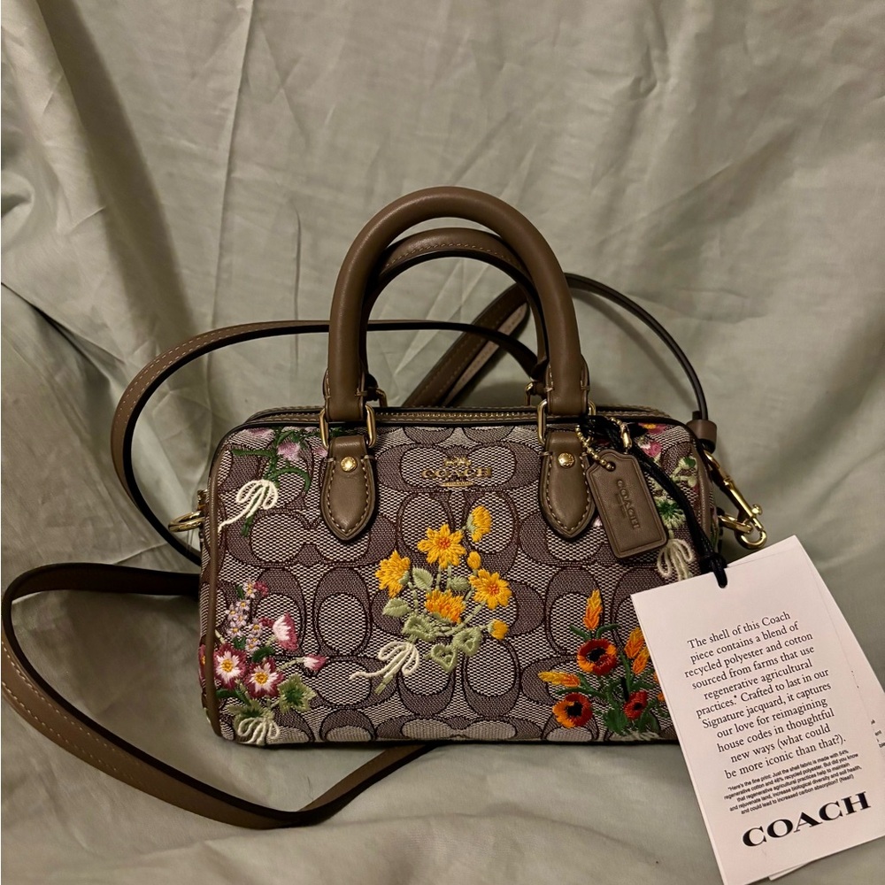 Coach Mini Rowan Brown Signature Floral Satchel with Embroidered Blooms
